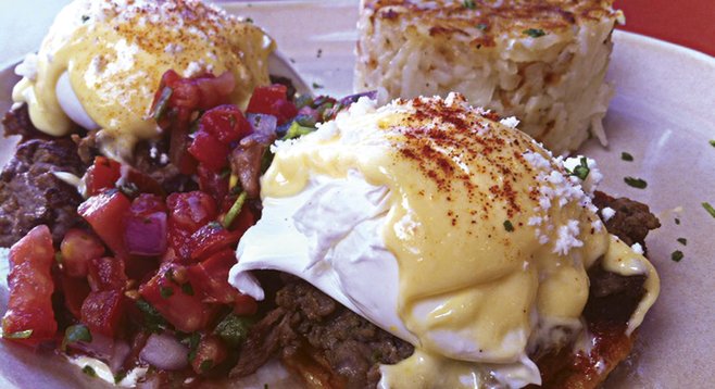 Snooze, an A.M. Eatery features reinvented classics. For example, the Chilaquiles Benedict.