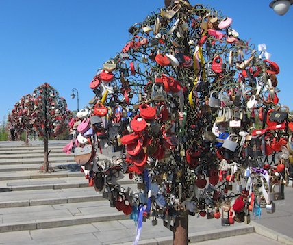 An old Russian tradition finds new expression: the padlocked trees of Luzhkov Bridge.