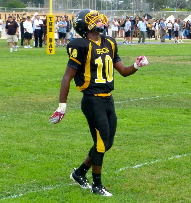 Mission Bay junior receiver Andre Petties-Wilson tilts his head back after a penalty called back his touchdown reception