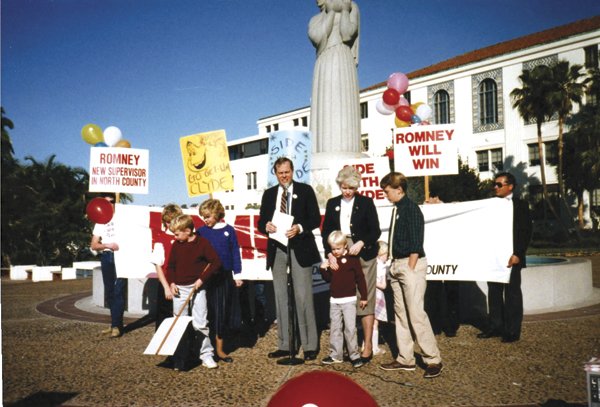 Clyde Romney (left) campaigning for the San Diego County Board of Supervisors in 1986. Clyde had  been a Democrat but switched his registration in 1983, when he became chief of staff to GOP Congressman Ron Packard.