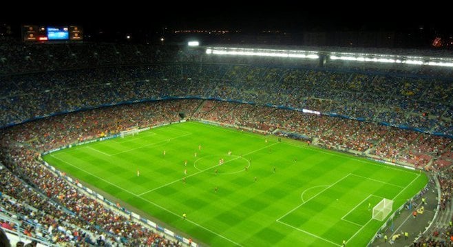 Taking in an FC Barcelona game – not a bad view from the cheap seats. 