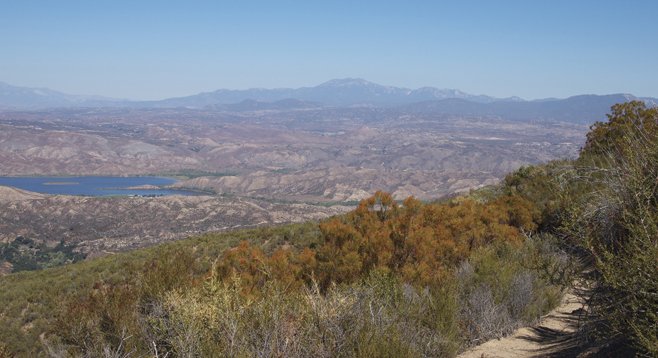 Dripping Springs Trail features this northward view of Vail Lake in the foreground and the San Jacinto mountains in the distance.