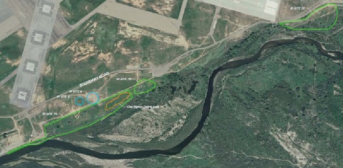  Circled areas near the border indicate cleanup sites