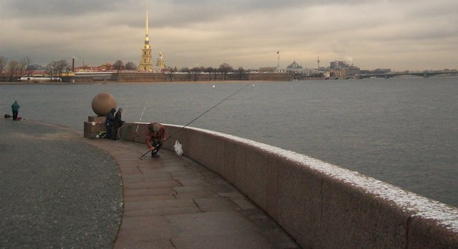 Braving the cold for some fishing on St. Petersburg's River Neva. 