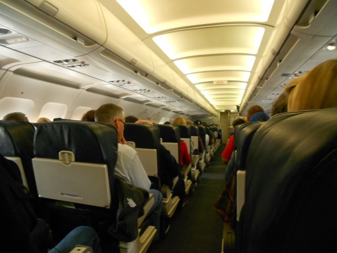 Interior of United Airlines flight from Anchorage to Denver.