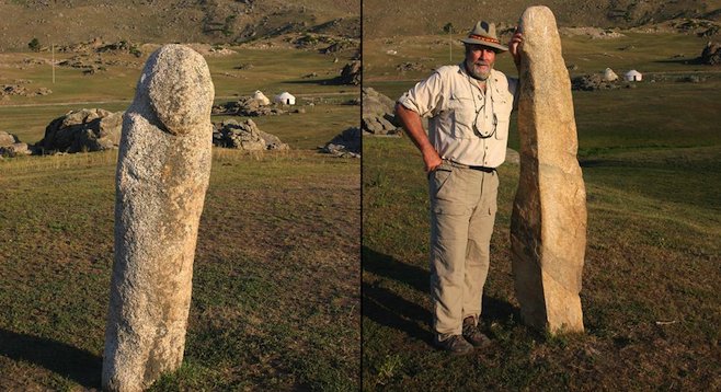 In the Kanas region, stone monoliths on the steppe date back to Genghis Khan. (Left: carving of a standing man, right: the author with another discovery.) 