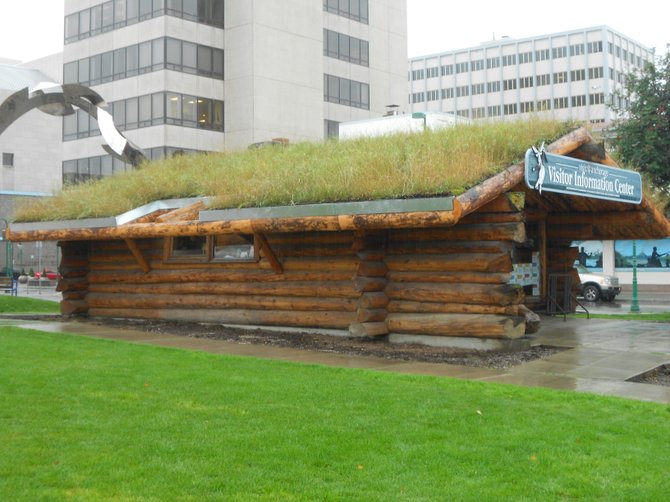 Log Cabin Visitor Information Center in downtown Anchorage. Note the sod roof.
