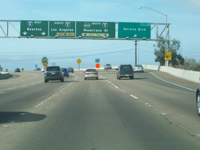 Freeway choices along Interstate 8 West in Mission Valley.