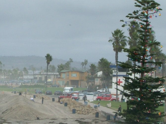 OB Christmas tree perched at foot of Newport Ave. in Ocean Beach.