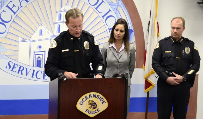 Capt. Bechler, prosecutor Perez, Chief McCoy at press conference.  Photo Weatherston.