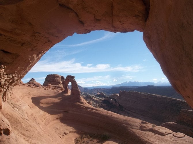 A glimpse of Delicate Arch, Arches National Park in Utah.