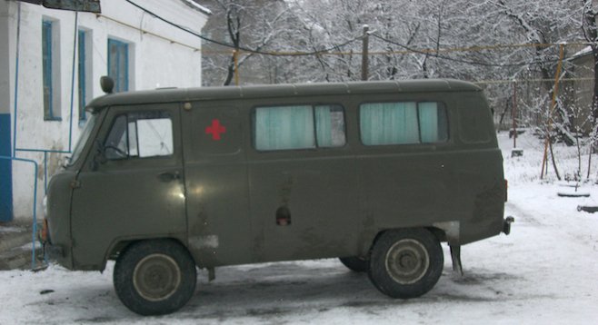 Ukraine: what looks to be an ambulance van left over from World War II. 