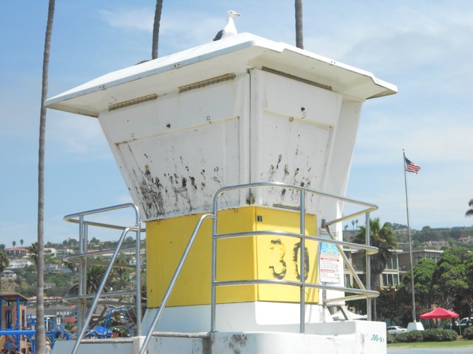 La Jolla Shores lifeguard tower looks like it has been desecrated by sand throwers.