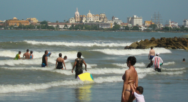 The local beach, with Cartagena's walled Old City across the bay. 
