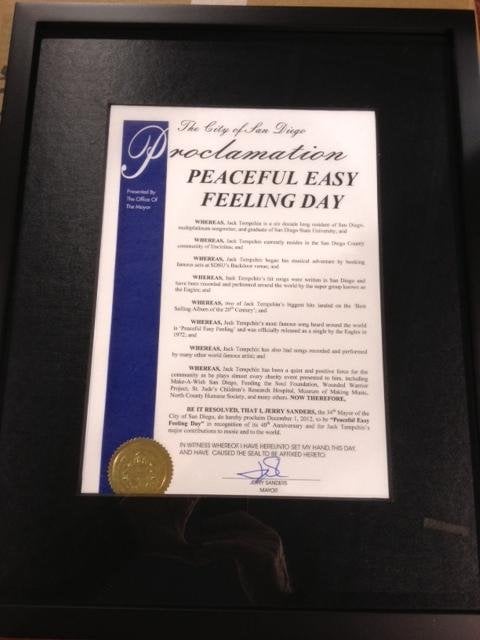 Mayor of San Diego's Peaceful Easy Feeling Day Official Proclamation 