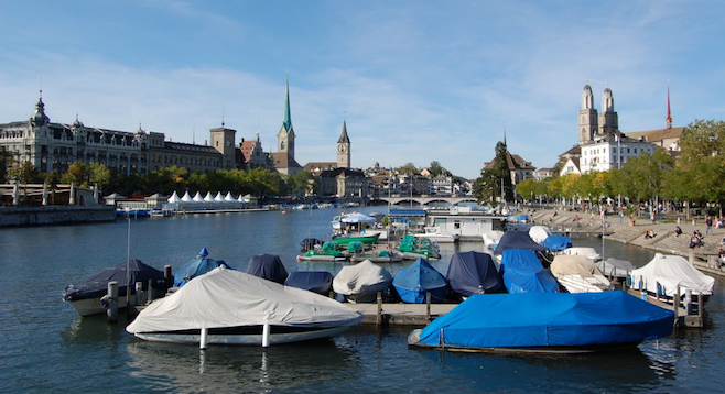 Boats on the River Limmat, Zurich. 