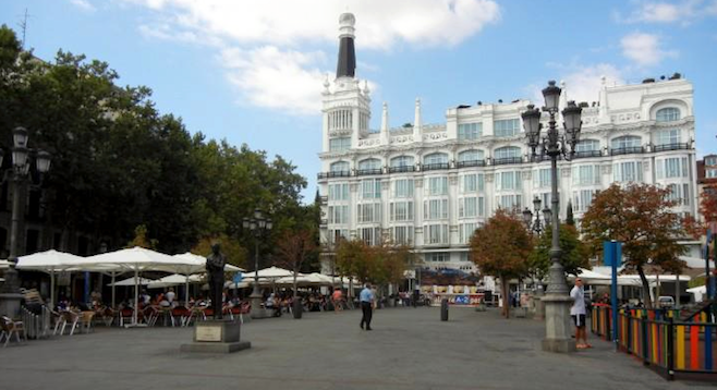 Affordable lodging on Madrid's Plaza de Santa Ana is possible with hospitality sharing sites like AirBnb. 