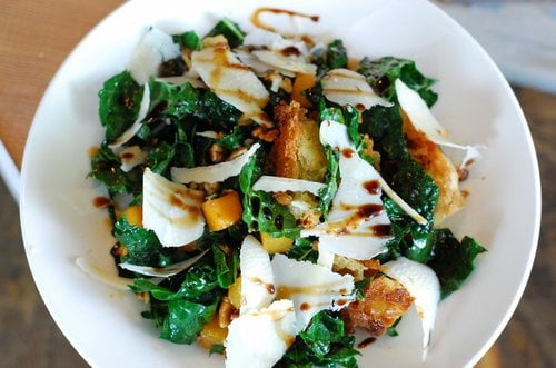 Tuscan kale salad dressed with sherry and balsamic vinegars and tossed with Crow’s Pass Tahitian squash, fried ciabatta, hazelnuts and Parmesan