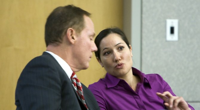 Defense attorney Knut Johnson and Kallie Helwig in court. Photo Nick Morris. 
