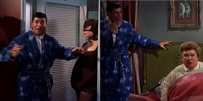 Jerry Lewis meets Bat Lady (Shirley MacLaine) and fat lady (Martha Wentworth) in Frank Tashlin's "Artists and Models" (1955). 