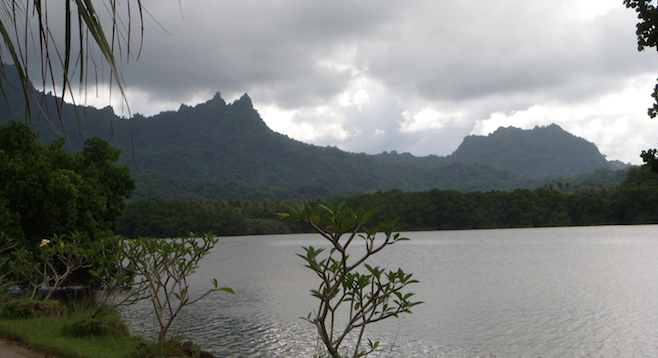 Kosrae island's Sleeping Lady Mountain across the channel – can you see her?