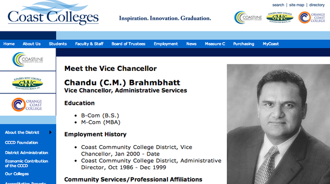 Staff photo of C.M. Brahmbhatt when he worked for Coast Colleges — also the former employer of Southwestern College superintendent Melinda Nish