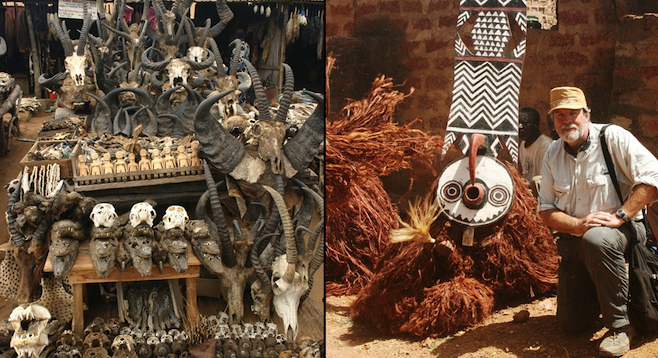 Left: Animal skulls at the Akodessewa market; right: the author with a voodoo dancer from the Bwa tribe.