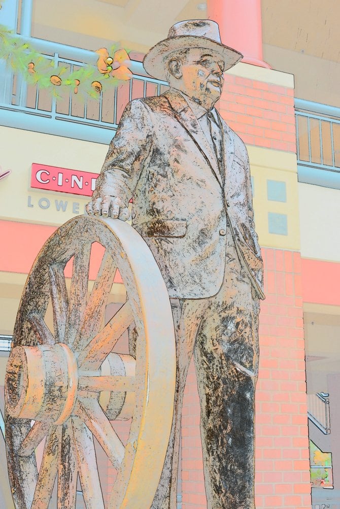 Statue at HAZARD center, Mission Valley, San Diego, as photographed and creatively rendered by Robert Chartier.