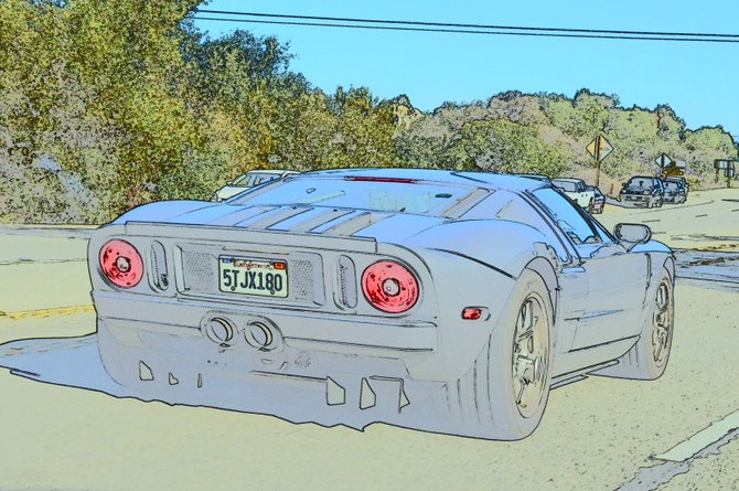 "F40 Repica KIT CAR" tooling down the road in RAMONA, San Diego California, as photographed and artistically rendered by Robert Chartier. This car was part of a F-40 car caravan as 7 to 9 other cars exactly like it were all driving together,  apparantly an "F40 Car Club". Very cool.