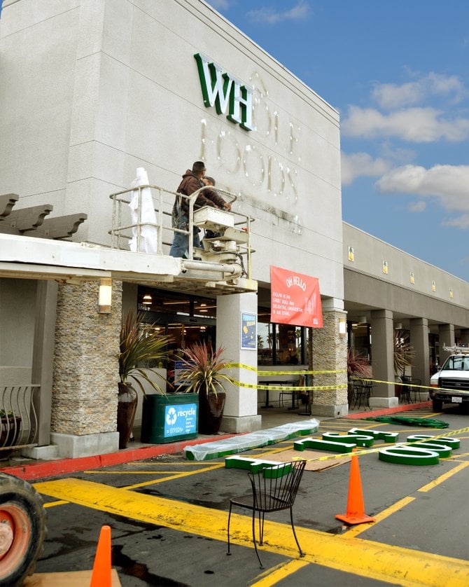 Whole Foods in LaJolla, near UTC gets (new signage) facelift today 3-7-2013. Photograph by Robert Chartier.