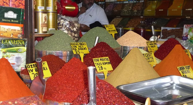 Fresh spices stacked high at the Egyptian Bazaar in Istanbul.