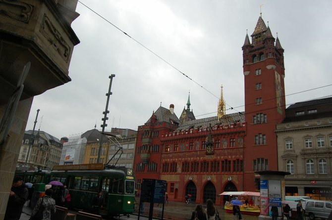 A tram approaches Basel's Kremlin-like Rathaus, or city hall.
