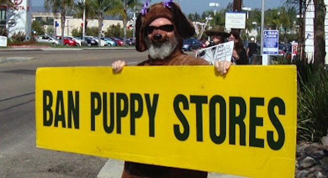 San Diego Animal Defense Team's March 16 protest in front of San Diego Puppy on Mission Gorge Road.