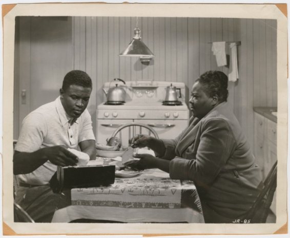 Jackie Robinson and venerable black character actress Louise Beavers as his mother in "The Jackie Robinson Story" (1950).