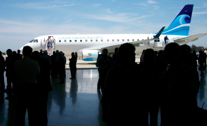 Media-party attendees climbed aboard a California Pacific Airlines' last July