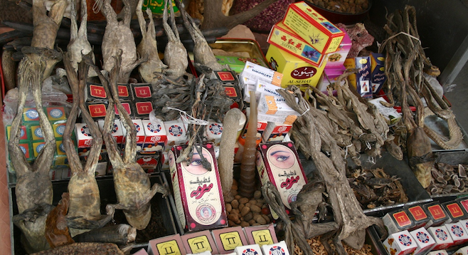 Assorted animal parts, henna and potions for sale. 