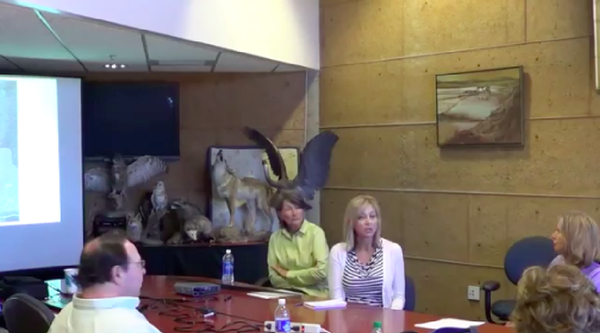 Image from a Surfrider video taken last summer of TCA environmental director Valarie McFall (center, right) explaining to members of the public: “[B]ecause of the controversy that this project has had, we’re going beyond the [legislative] requirement and having a public review period.”