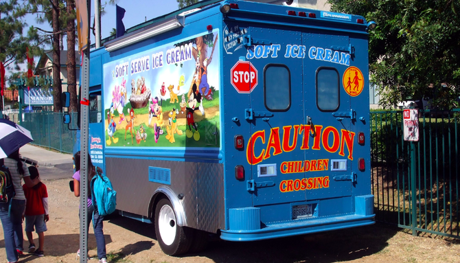 An ice cream truck parked around the corner from Joli Ann Leichtag Elementary School