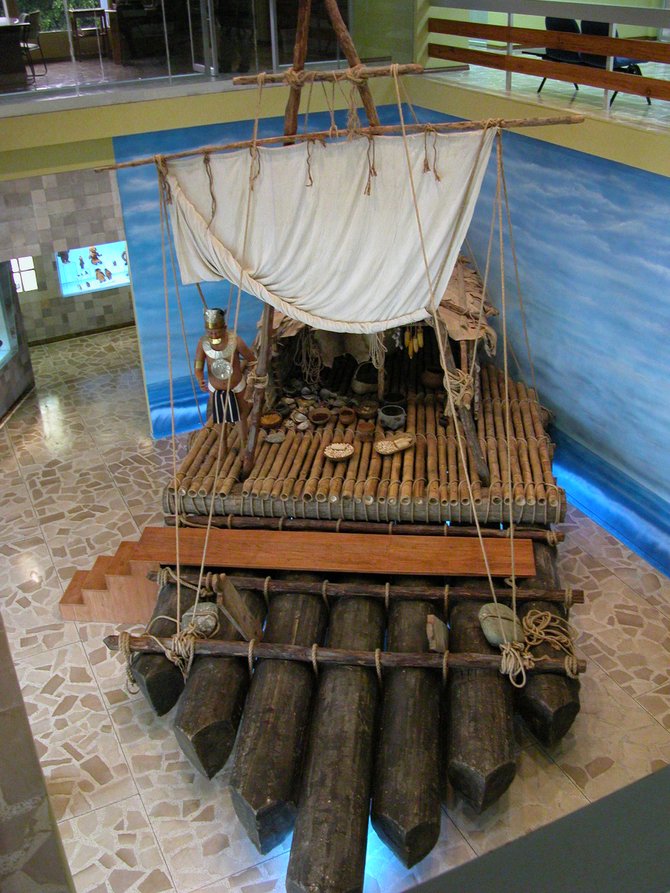 Ancient Balsawood Sailing raft in Bahia museum, Ecuador