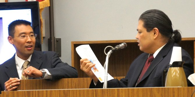 Prosecutor Keith Watanabe confronted Hood w evidence. Photo Weatherston.