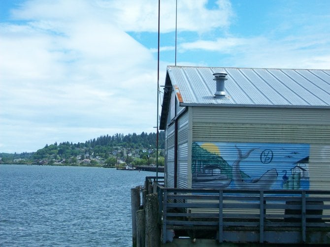 Victorian homes line the hills of Astoria, Oregon, overlooking the lower Columbia River.