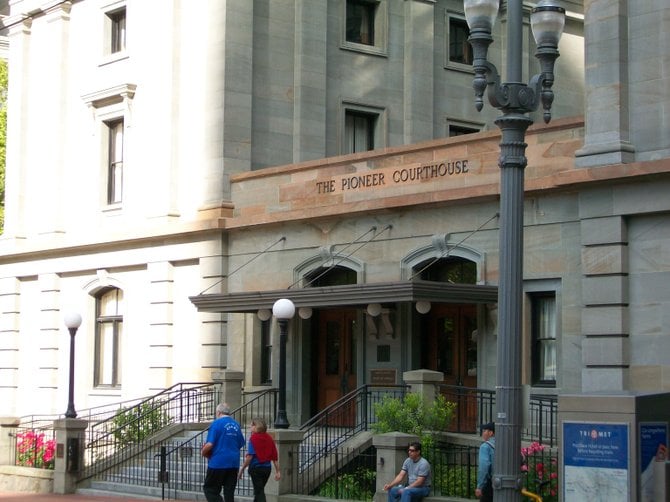 The historical Pioneer Courthouse in downtown Portland, Oregon.