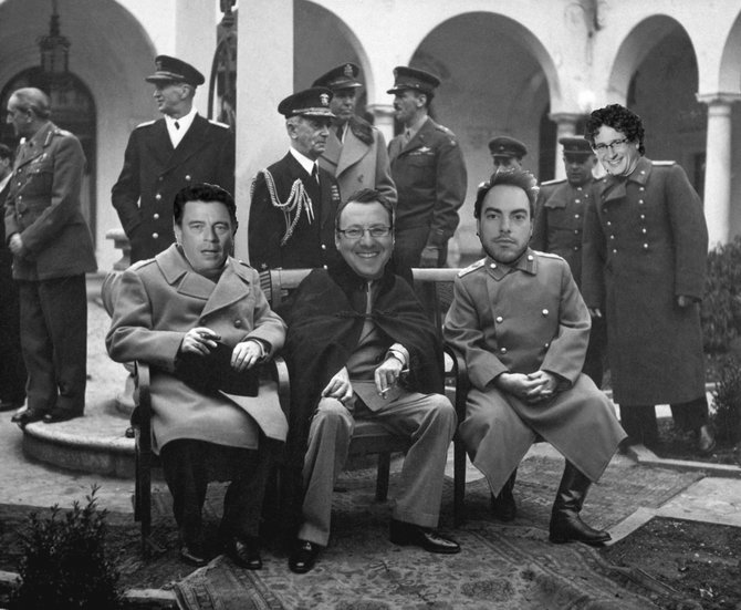 Prime Minister Marks, President Wright, Premier Heath, and Grand High Exalted Mystic Ruler Lickona yuk it up during a spirited round of musical chairs at last year's Yalta Film Festival.