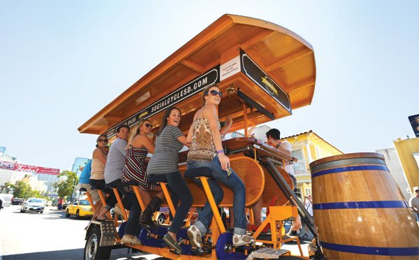 Six passengers are required to pedal the Social Cycle, but each bike bus can carry 
up to 16 people.