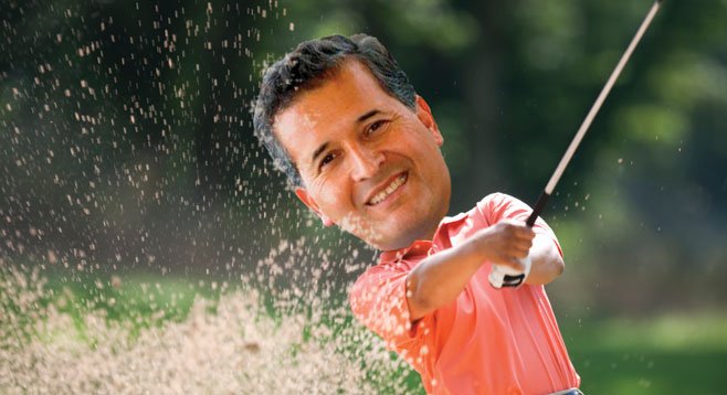 It’s not the great sand shot that’s making Juan Vargas smile, it’s the thousands he raked in at his Mission Valley golf fundraiser.