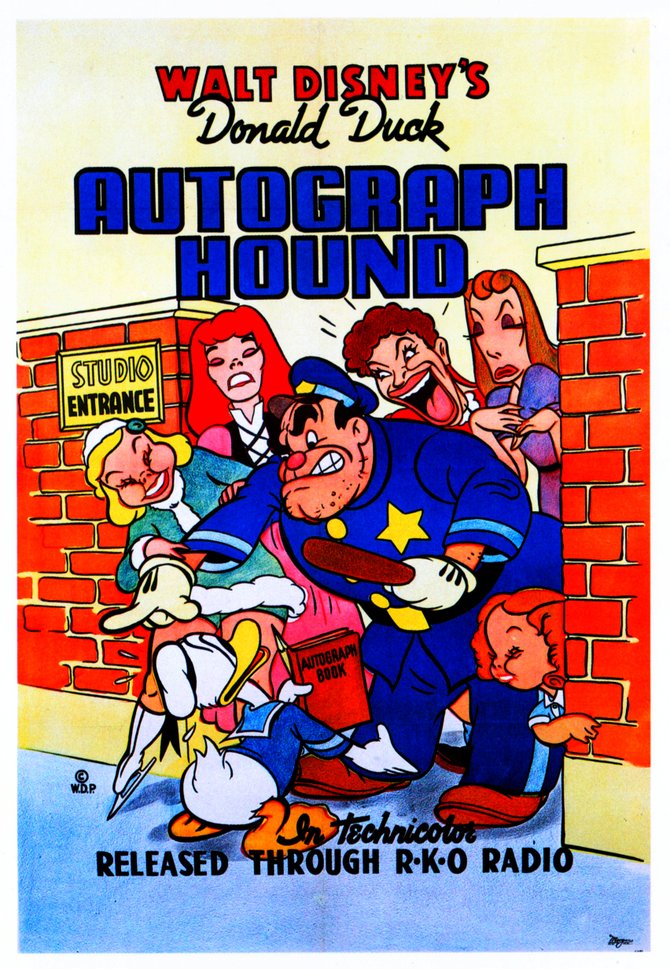 Donald Duck stars opposite Kate Hepburn, Garbo, Shirley Temple, Maggie Raye, and many others in "The Autograph Hound" (1939). A Walt Disney Production of a Jack King film released by R.K.O.