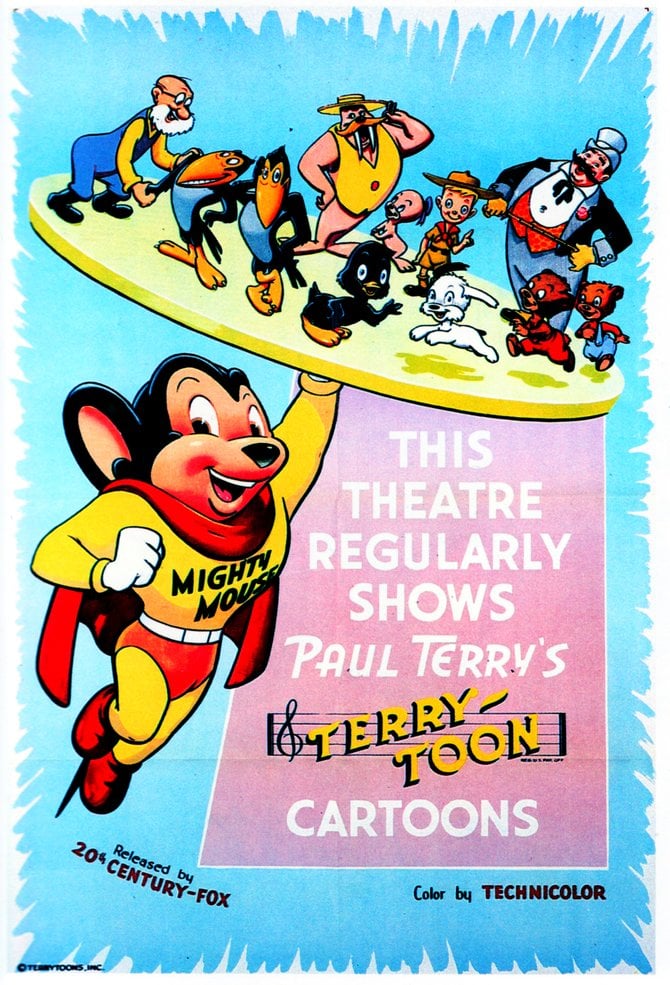 Generic Terrytoons poster from the 1940's featuring Mighty Mouse and the gang. Released by 20th Century Fox.