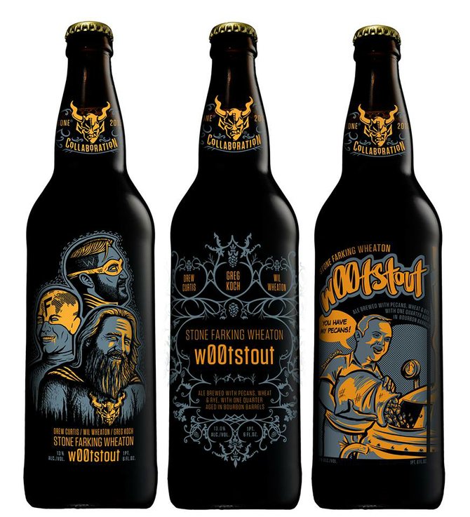 Three separate sets of bottle art have been created for Drew Curtis/Wil Wheaton/Greg Koch Stone Farking Wheaton w00tstout.