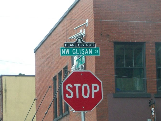 Stop sign in Pearl District of Portland, Oregon.