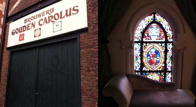 Mechelen's Gouden Carolus brewery (left); chapel-turned-hotel Martin’s Patershof  (right). 
